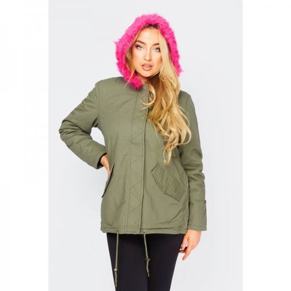 Khaki Parka Coat With Pink Faux Fur Trim