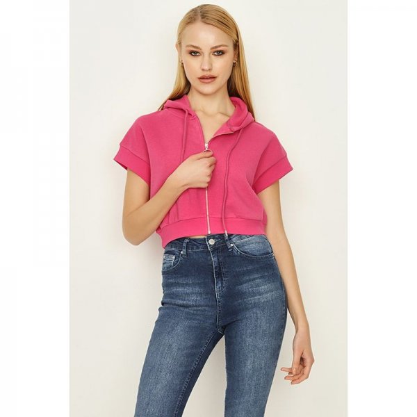 Fuchsia Zip Thru Crop Short Sleeve Hoodie