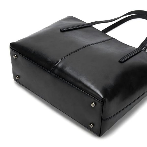 WOMEN'S LARGE LEATHER SHOULDER BAG WORK TOTE WITH ZIPPERS - BLACK