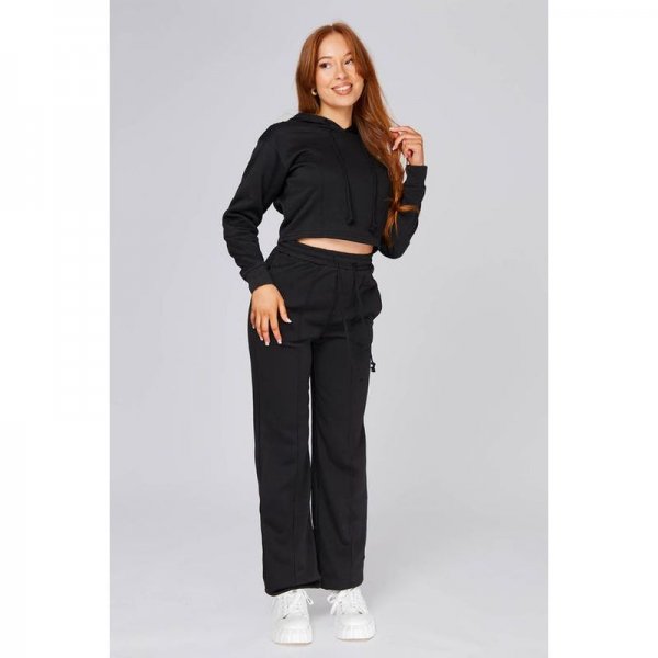 Black Pintuck Hoodie And Wide Leg Joggers Set