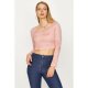 Dusty Pink Floral Rib Lace Trim V Neck Long Sleeve  Crop