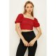 Red Plain Shirred Puff Sleeve Top