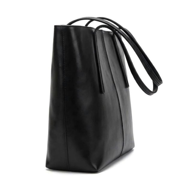 WOMEN'S LARGE LEATHER SHOULDER BAG WORK TOTE WITH ZIPPERS - BLACK