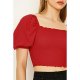 Red Plain Shirred Puff Sleeve Top