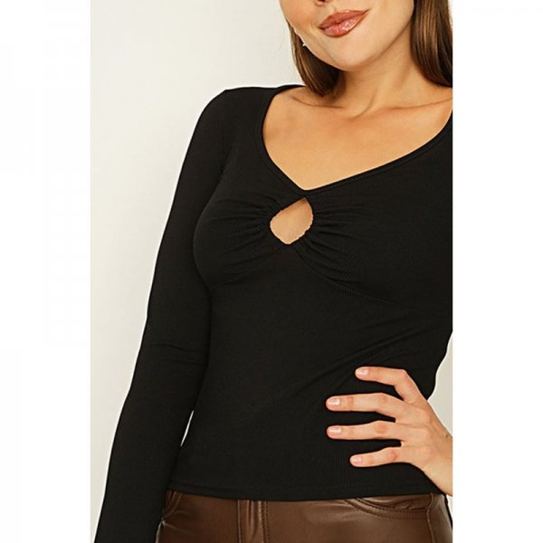 Black Keyhole Wide Neck Ribbed Top