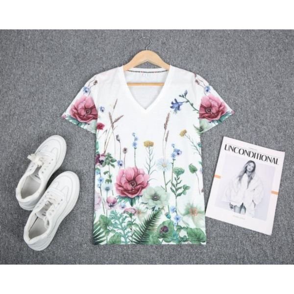 Stylish White V-Neck Short Sleeve Printed T-Shirt