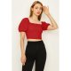 Red Plain Shirred Puff Sleeve Top