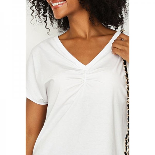 Optic White V Neck Ruched Grown On Sleeve Tee