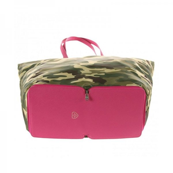 WOMEN'S PORTABLE POLYESTER SHOPPER WITH ZIPPER CLOSURE - MILITARY CAMO/ORCHID PINK