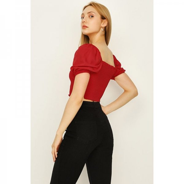 Red Plain Shirred Puff Sleeve Top