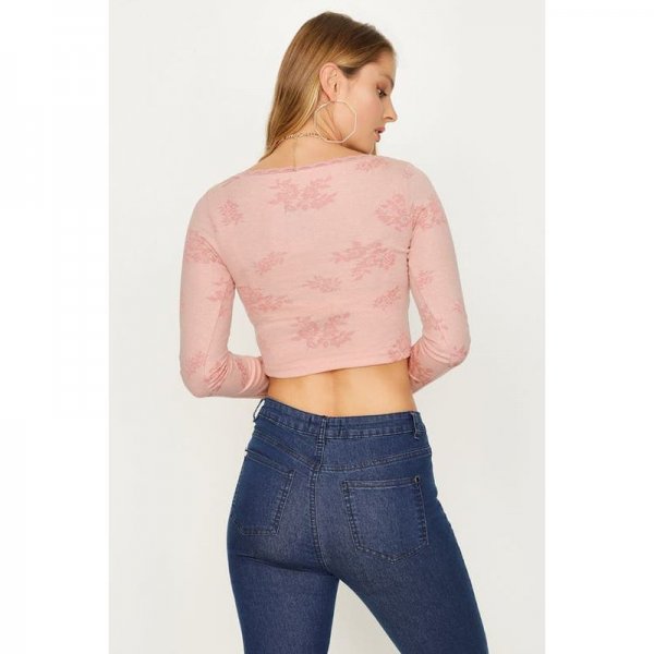 Dusty Pink Floral Rib Lace Trim V Neck Long Sleeve  Crop