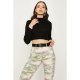 Black Crop Funnel Neck Rib Jumper