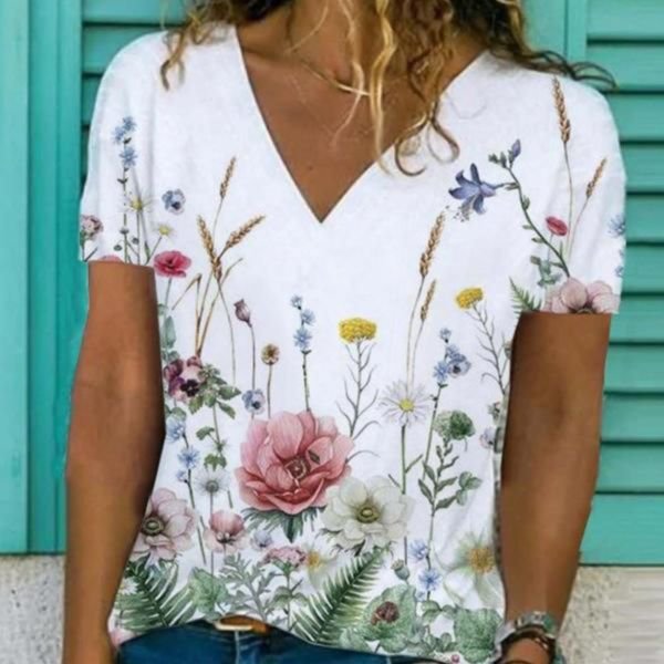 Stylish White V-Neck Short Sleeve Printed T-Shirt