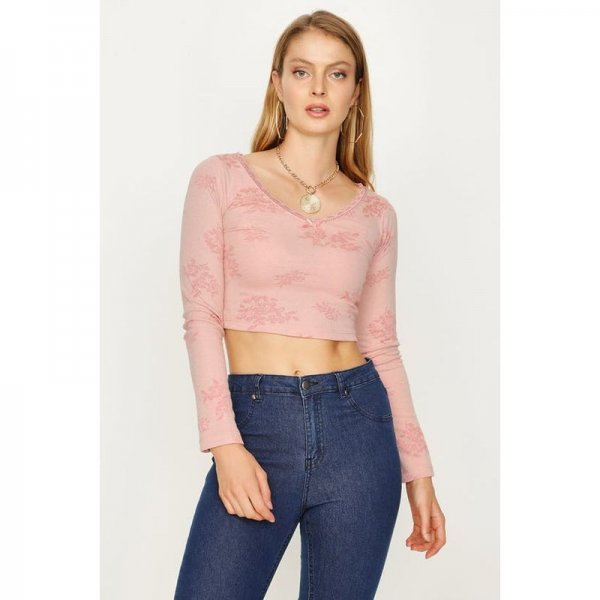 Dusty Pink Floral Rib Lace Trim V Neck Long Sleeve  Crop