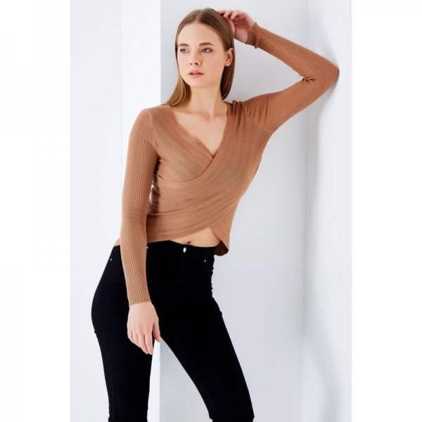 Tan Rib Wrap Front Jumper