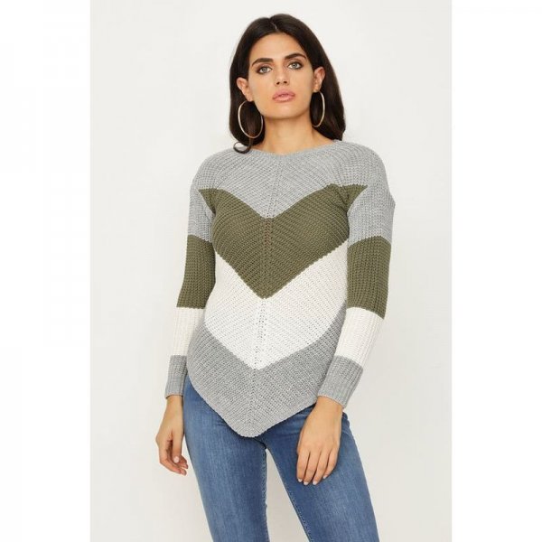 Khaki Chevron Dipped Hem Jumper