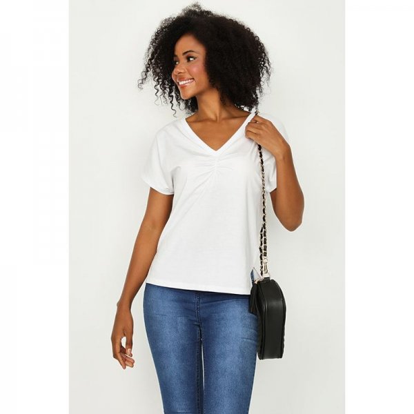 Optic White V Neck Ruched Grown On Sleeve Tee