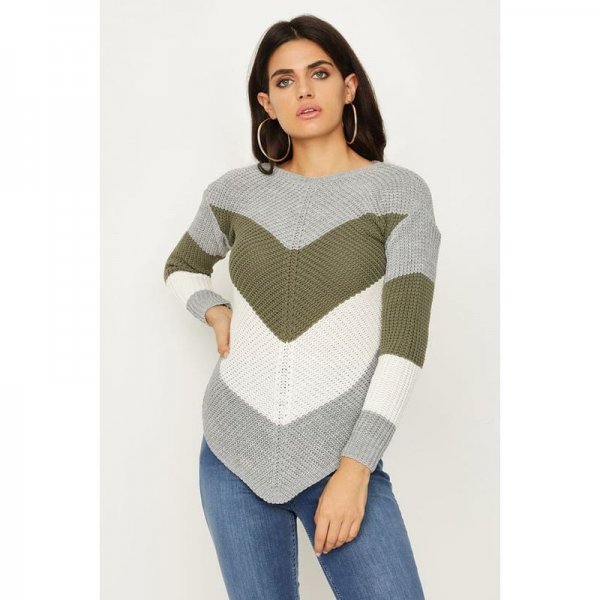 Khaki Chevron Dipped Hem Jumper