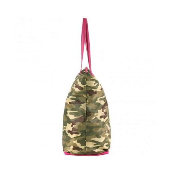 WOMEN'S PORTABLE POLYESTER SHOPPER WITH ZIPPER CLOSURE - MILITARY CAMO/ORCHID PINK