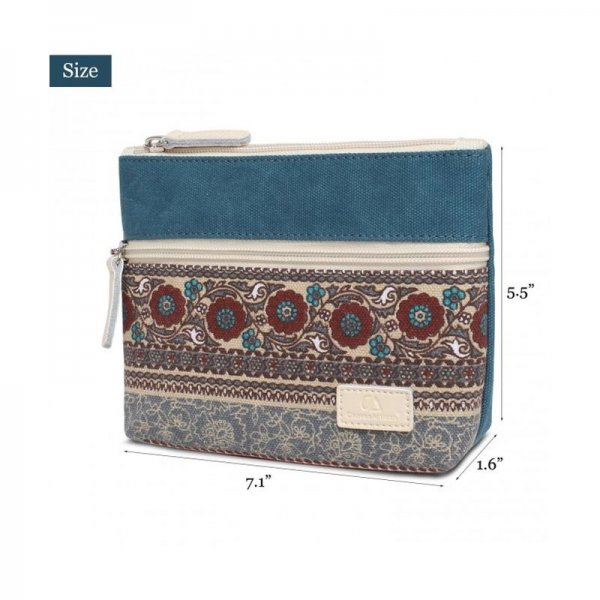 ZIPPER COIN PURSE POUCH CANVAS ETHNIC PRINT WALLET WITH CELLPHONE POCKET - NAVY BLUE