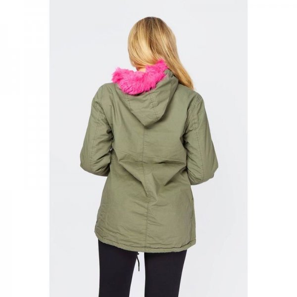 Khaki Parka Coat With Pink Faux Fur Trim