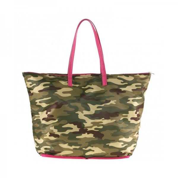 WOMEN'S PORTABLE POLYESTER SHOPPER WITH ZIPPER CLOSURE - MILITARY CAMO/ORCHID PINK