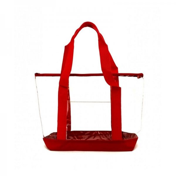 CLEAR PVC ZIPPER TOTE BAG /SECURITY CLEAR TOTE BAG/ WORK TOTE BAG - RED