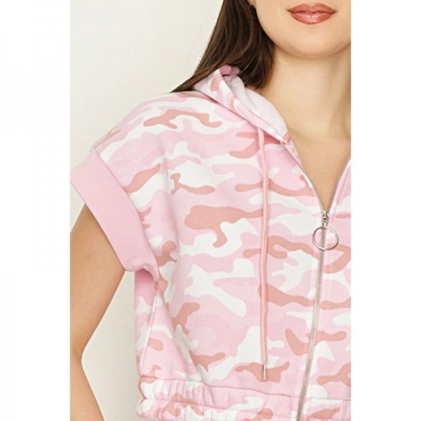 Pink Camo Zip Thru Crop Short Sleeve Hoodie