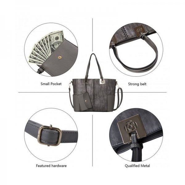 WOMEN TOP HANDLE SATCHEL HANDBAGS FOR WOMEN WITH METAL DECORATION PU LEATHER SHOULDER BAGS TOTE BAGS - GRAY