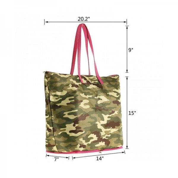 WOMEN'S PORTABLE POLYESTER SHOPPER WITH ZIPPER CLOSURE - MILITARY CAMO/ORCHID PINK