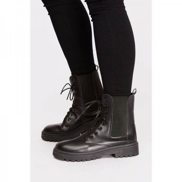 Black Lace Up Chunky Biker Boots